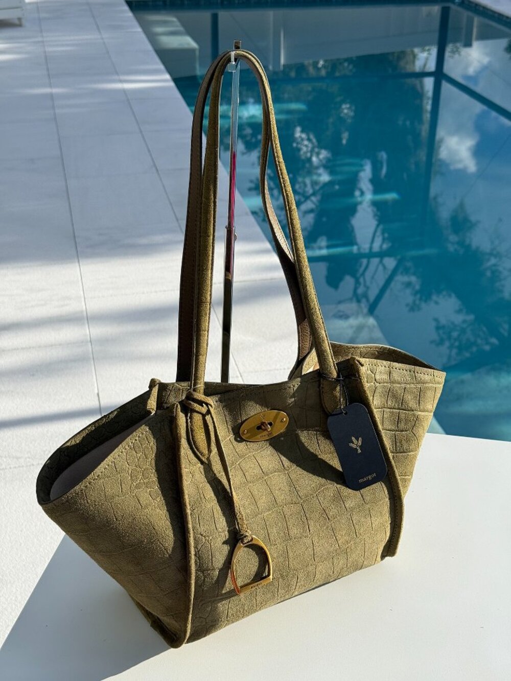 Margot Green Croc Embossed Phoebe Suede Tote Gold Turn Lock | Shoulder Strap NWT